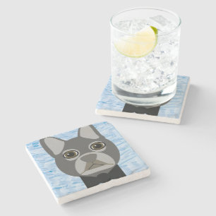 Dessous-de-verre En Pierre Chien-taureau français gris, aquarelle bleu