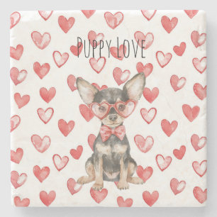 Dessous-de-verre En Pierre Chien Terrier Jouet Brun Crème Lunettes Cœurs Roug