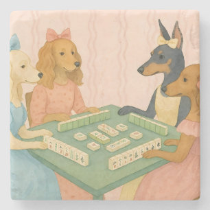 Dessous-de-verre En Pierre Chiens mignons vintage jouant au Mahjong