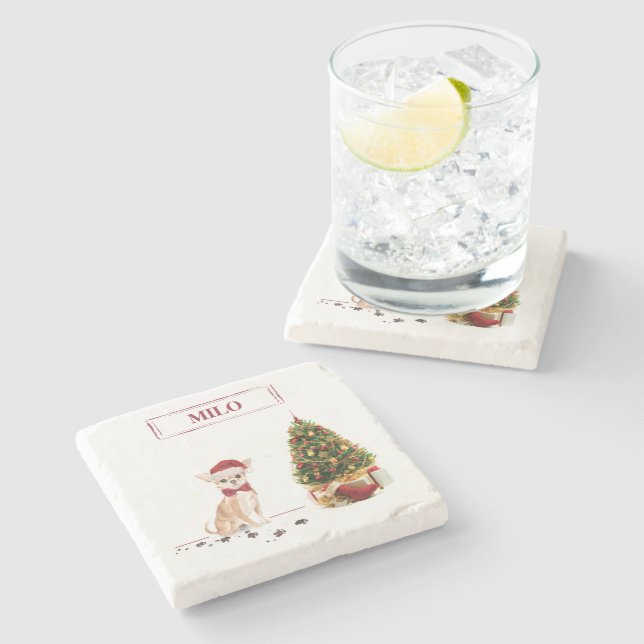 Dessous-de-verre En Pierre Chihuahua Funny Chien de Noël avec arbre (Côté)