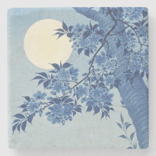 Dessous-de-verre En Pierre Chinoiserie Bleu marine Fleur de cerisier & Pleine
