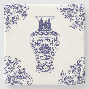 Dessous-de-verre En Pierre Chinoiserie Jar de gingembre blanc et bleu
