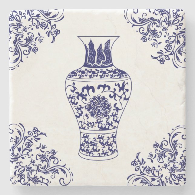 Dessous-de-verre En Pierre Chinoiserie Jar de gingembre blanc et bleu (Devant)