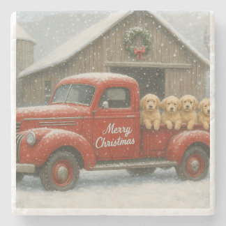 Dessous-de-verre En Pierre Chiots Retriever doré de Noël dans un vieux camion