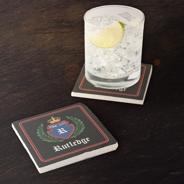 Dessous-de-verre En Pierre Cimier bleu rouge monogramme Couronne Laurel Wreat (Créateur téléchargé)