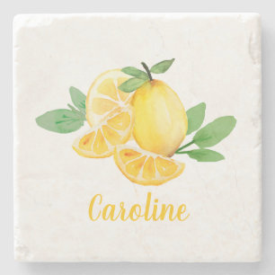 Dessous-de-verre En Pierre Citron Fruit À L'aquarelle Élégante Nom Personnali