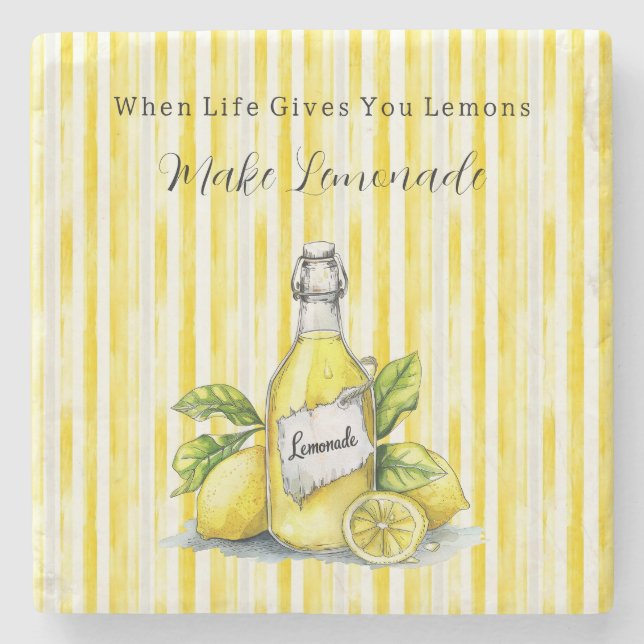 Dessous-de-verre En Pierre Citron Jaune Rayures Blanches Limonade (Devant)
