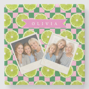 Dessous-de-verre En Pierre Citron Personnalisé Gingham Citrus Nom Personnalis