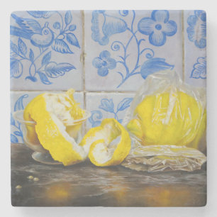 Dessous-de-verre En Pierre Citrons et Azulejos — Nature morte classique bleu 