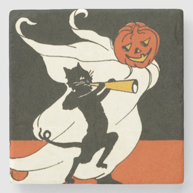 Dessous-de-verre En Pierre Citrouille Chat Noir Fantôme Corne (Devant)