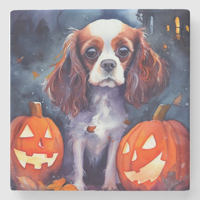 Dessous-de-verre En Pierre Citrouilles Cavalier King Charles Spaniel Hallowee (Devant)