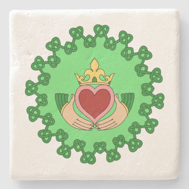 Dessous-de-verre En Pierre Claddagh et Green Knotwork (Devant)