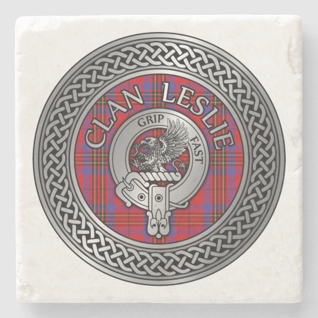Dessous-de-verre En Pierre Clan Leslie Crest & Tartan Knot (Devant)
