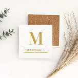 Dessous-de-verre En Pierre Classic Brass Personalized Family<br><div class="desc">Classic and modern personalized beverage drink coaster design feels an elegant custom serif monogram initial along with your family's last accented with horizontal stripes against a white marble patterned background. Antique gold / brass text and design can be modifiée ed to perfectly coordinate with your home decor.</div>