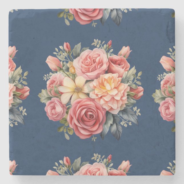 Dessous-de-verre En Pierre Classic Pink Roses Floral on a Blue Background (Devant)
