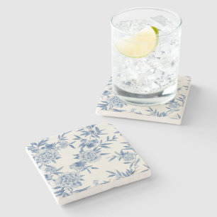 Dessous-de-verre En Pierre Classique motif toile fleurie bleu aquarelle blanc