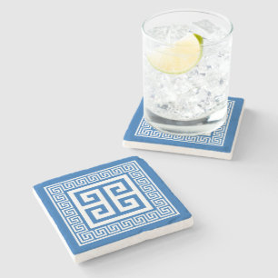 Dessous-de-verre En Pierre Clé grecque Motif blanc et bleu