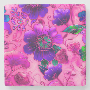 Dessous-de-verre En Pierre Cloisonne rose violet motif floral