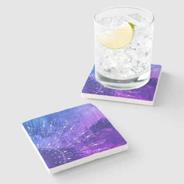 Dessous-de-verre En Pierre Clouds Mandala bleu violet Boho Bohemian (Côté)