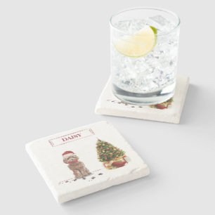 Dessous-de-verre En Pierre Cockapo Brown Funny Chien de Noël et Arbre