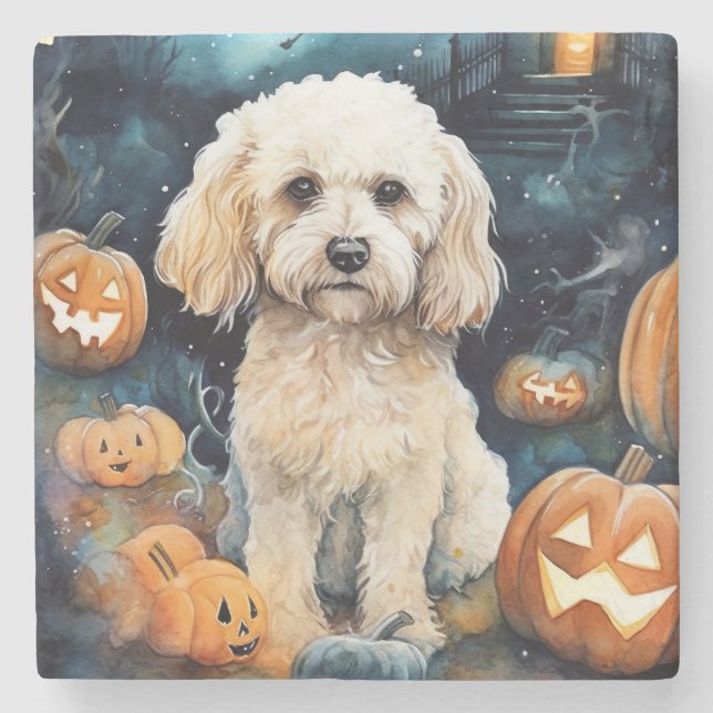 Dessous-de-verre En Pierre Cockapoo d'Halloween avec citrouilles effrayant  (Devant)