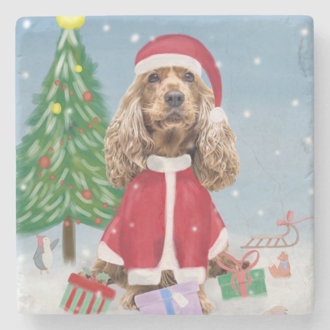 Dessous-de-verre En Pierre Cocker Spaniel Chien en neige avec cadeaux de Noël (Devant)