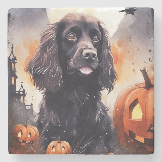 Dessous-de-verre En Pierre Cocker Spaniel Halloween avec citrouilles  (Devant)