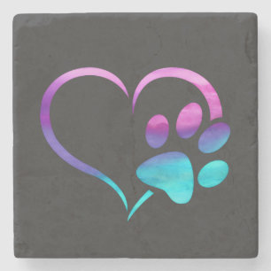 Dessous-de-verre En Pierre Cœur d'empreinte de patte de chien cyan violet 
