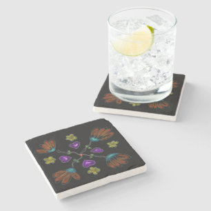 Dessous-de-verre En Pierre Cœur & Fleur sur fond noir