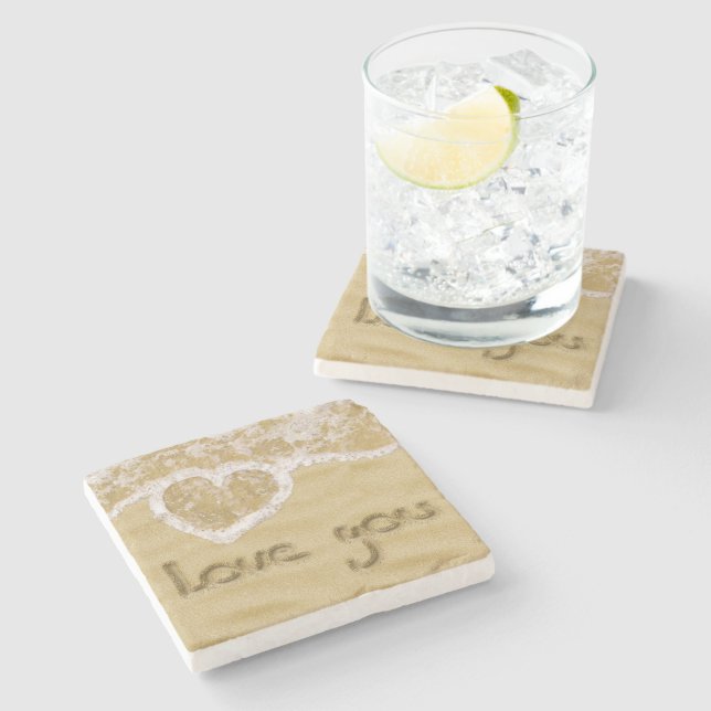 Dessous-de-verre En Pierre Coeur "Love you" écrit dans Sable (Côté)