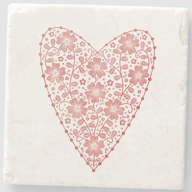 Dessous-de-verre En Pierre Coeur rouge scandinave blanc (Scandinavian folk art floral heart red and white stone coaster)