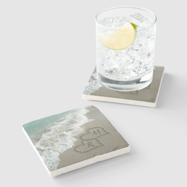 Dessous-de-verre En Pierre Coeurs bloqués sur le sable de plage (Côté)