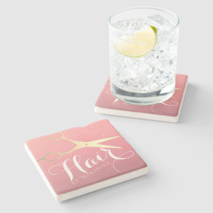 Dessous-de-verre En Pierre Coiffeur Maquillage Salon Moderne Rose Ciseaux Or