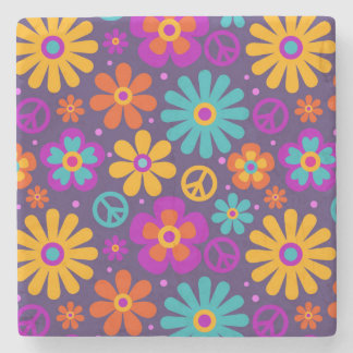 Dessous-de-verre En Pierre Colorful Flowers Peace Love Groovy Retro Hippie