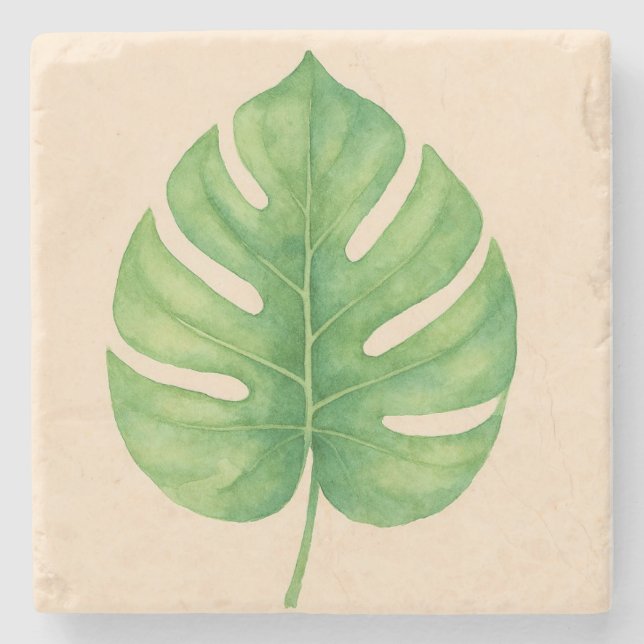 Dessous-de-verre En Pierre Conception de feuille verte Monstera.  (Devant)