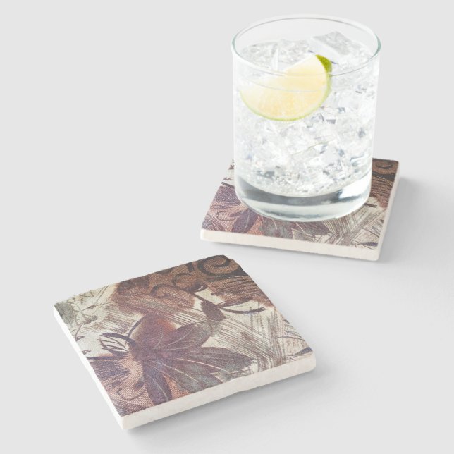 Dessous-de-verre En Pierre Conception florale marron abstraite 1 (Côté)