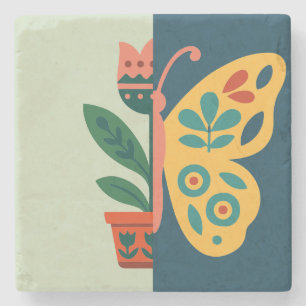 Dessous-de-verre En Pierre Conception graphique divisée de fleurs et de papil