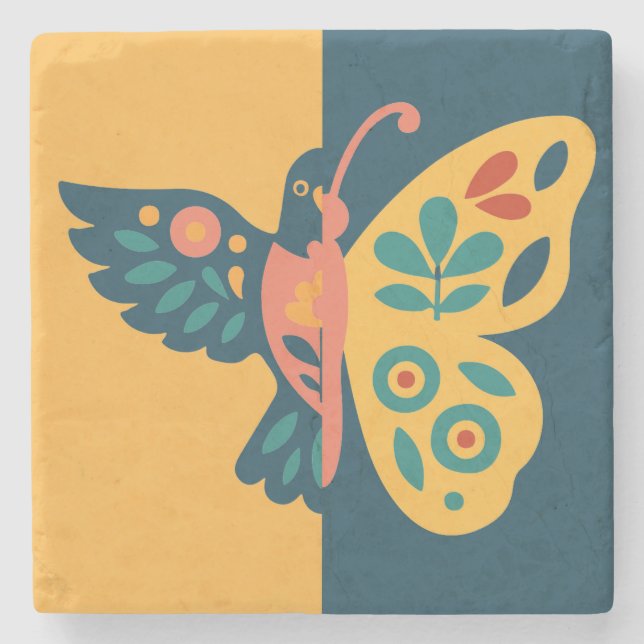 Dessous-de-verre En Pierre Conception papillon fantaisiste et colibri (Devant)