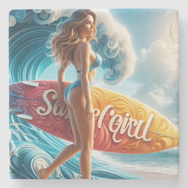 Dessous-de-verre En Pierre Confident Surfer Girl Walking Beach Waves Art (Devant)