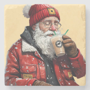 Dessous-de-verre En Pierre Cool Père Noël Boire du café glacé Art de Noël