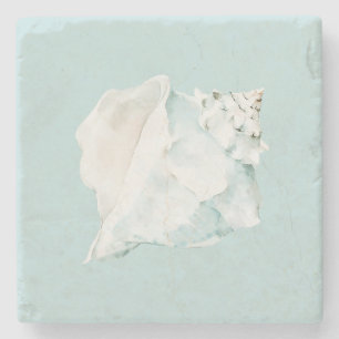 Dessous-de-verre En Pierre Coquillage à l'aquarelle bleu pastel et blanc