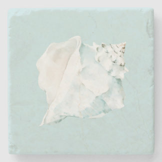Dessous-de-verre En Pierre Coquillage à l'aquarelle bleu pastel et blanc