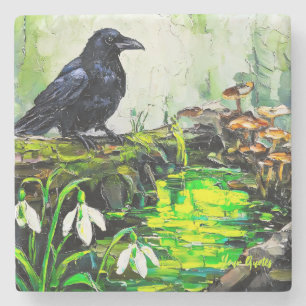 Dessous-de-verre En Pierre Corbeau noir et ruisseau de forêt lumineuse, peint