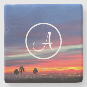 Dessous-de-verre En Pierre Coucher de soleil bleu orange photo monogramme per
