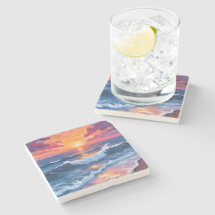 Dessous-de-verre En Pierre Coucher de soleil océanique Vagues de plage Aquare