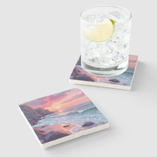 Dessous-de-verre En Pierre Coucher de soleil pastel rose sur la plage vagues