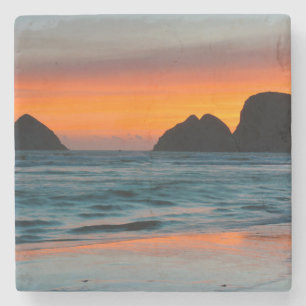 Dessous-de-verre En Pierre Coucher de soleil, piles de mer, Oceanside, Oregon