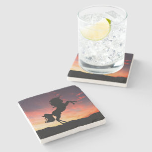 Dessous-de-verre En Pierre Coucher de soleil silhouette de licorne en pierre