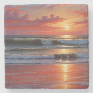 Dessous-de-verre En Pierre Coucher Rouge Océan Peinture de paysage marin