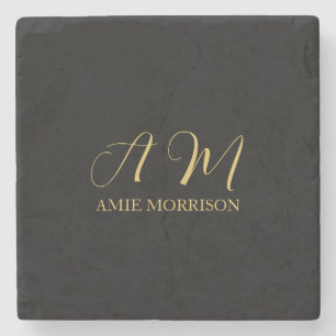 Dessous-de-verre En Pierre Couleurs d'or noir Monogramme Lettre initiale Nom